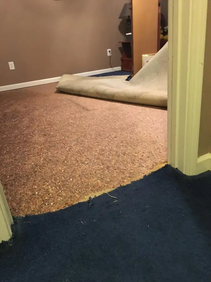 Carpet pad removal revealing water damage during Water Mitigation Services in Deptford